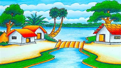 beautiful village drawing easy